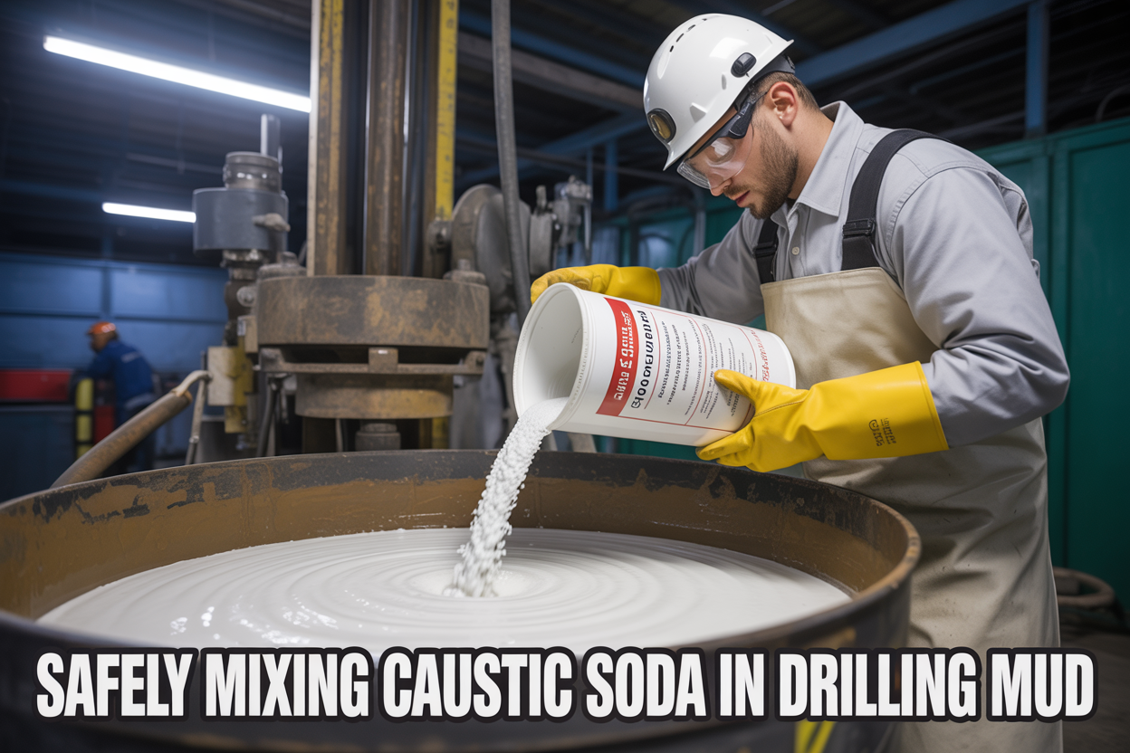 Create a realistic image of a close-up industrial drilling site scene showing a white male worker in full safety gear including chemical-resistant gloves, safety goggles, a hard hat, and a protective apron, carefully pouring white caustic soda powder from a clearly labeled container into a large vat of dark brown drilling mud, with industrial mixing equipment visible in the background, the scene lit with bright overhead industrial lighting to emphasize safety and precision, a cautionary yet professional mood, and bold white text overlay reading "Safely Mixing Caustic Soda in Drilling Mud" positioned at the bottom of the image.