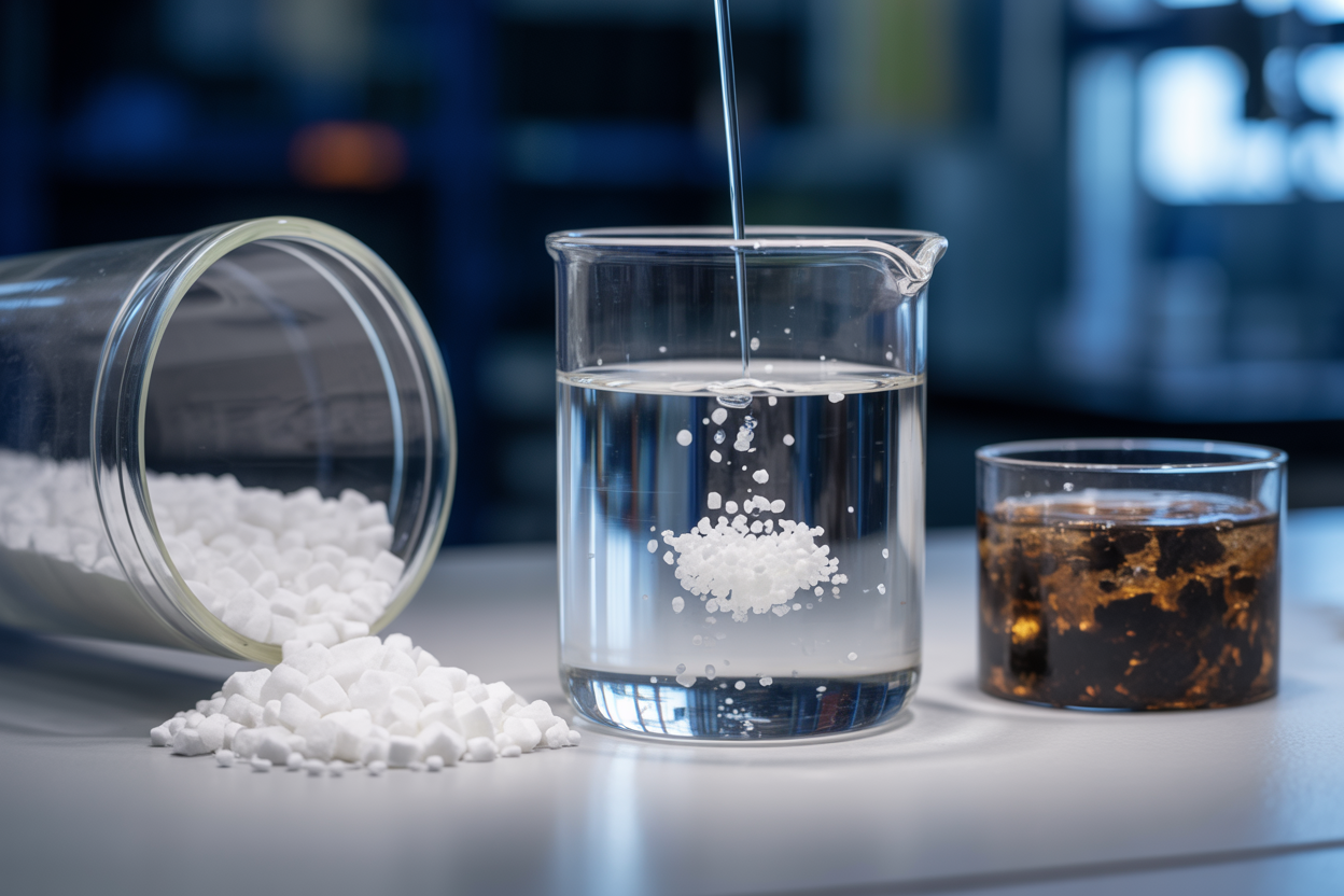 Create a realistic image of a close-up shot of a clear glass beaker filled with water showing white caustic soda granules being carefully added to it, placed on a laboratory workbench beside an open container of caustic soda pellets, with a small sample of dark brown drilling mud in a separate container nearby, the scene lit with bright industrial lighting that highlights the chemical reaction as the granules dissolve, creating a slightly cloudy solution, conveying a professional and scientific atmosphere, Absolutely NO text should be in the scene.