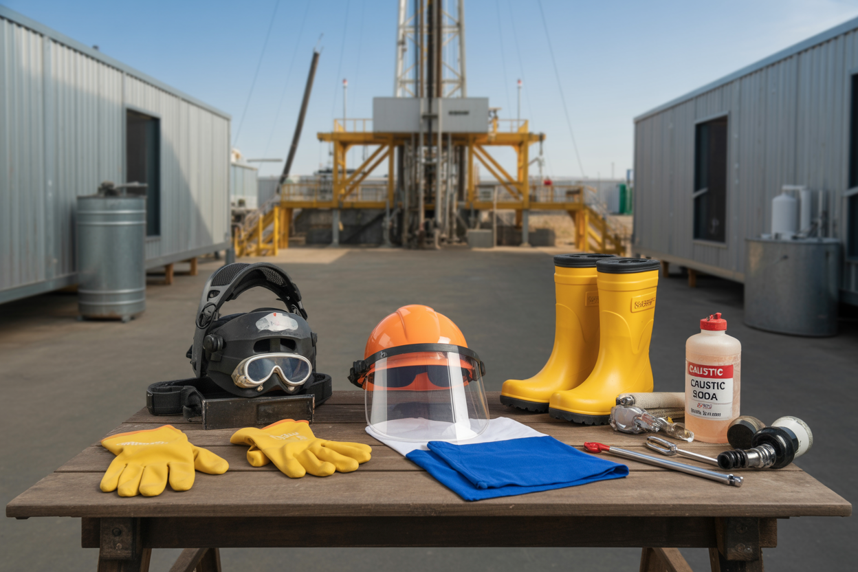 Create a realistic image of a workbench or industrial table displaying an organized arrangement of essential personal protective equipment for handling caustic chemicals, including chemical-resistant gloves, safety goggles, a face shield, a hard hat, a chemical-resistant apron, and rubber boots, with a container of caustic soda and drilling mud equipment visible in the background, set in an industrial oilfield or drilling facility environment with bright, clear lighting emphasizing safety and preparedness, conveying a professional and cautionary mood. Absolutely NO text should be in the scene.