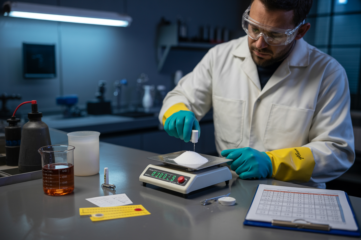 Create a realistic image of a close-up scene in an industrial drilling mud laboratory, showing a white male technician in safety gear including gloves and goggles carefully measuring caustic soda granules using a precise digital scale, with a beaker of drilling mud fluid nearby, pH testing strips and a clipboard with measurement charts on the workbench, soft focused industrial lighting illuminating the workspace, conveying a professional and methodical atmosphere. Absolutely NO text should be in the scene.