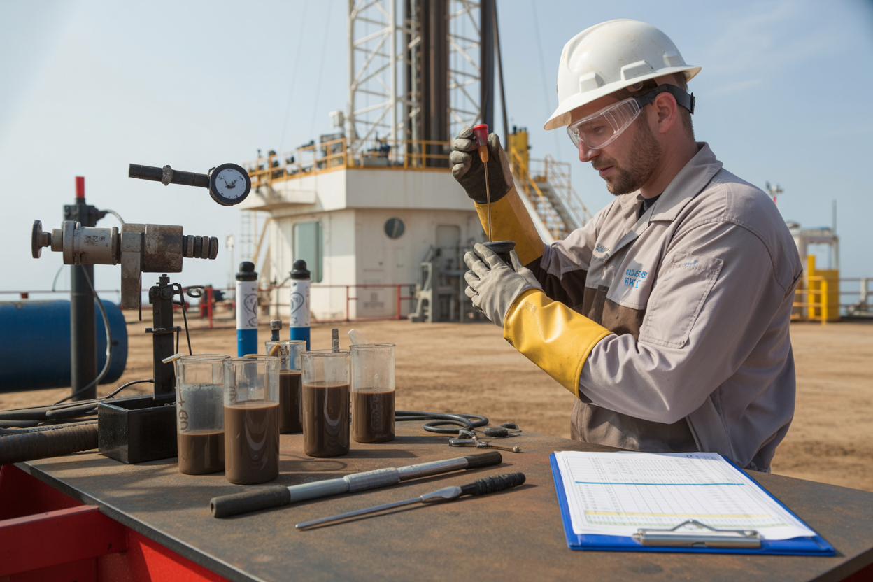 Create a realistic image of a close-up view of a drilling mud testing station on an oil rig, showing a well-organized workbench with mud testing equipment including a mud balance, viscometer, and sample containers filled with dark brown drilling fluid, a white male technician in safety gear including hard hat, gloves, and goggles carefully checking the mud properties by examining a fluid sample held up to the light, with additional testing tools and a clipboard with quality control charts nearby, the background showing the industrial drilling rig environment with steel structures, the scene lit with bright overhead industrial lighting emphasizing a professional and safety-conscious atmosphere. Absolutely NO text should be in the scene.