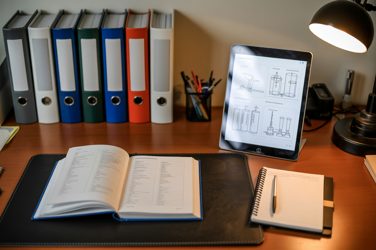 Create a realistic image of a neatly organized desk with an open technical reference book, a spiral-bound drilling engineering manual, and a tablet displaying charts and diagrams related to chemical mixing procedures, alongside a small notebook and pen, set in a well-lit professional workspace with a clean, studious atmosphere, warm desk lamp illuminating the materials, with additional reference binders stacked neatly in the background. Absolutely NO text should be in the scene.