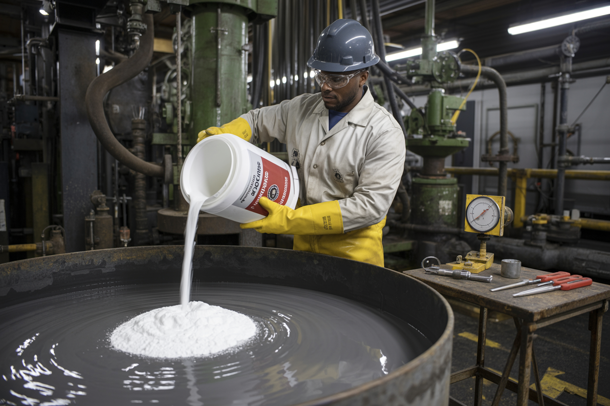 Create a realistic image of a black male drilling engineer in full personal protective equipment including chemical-resistant gloves, safety goggles, and a hard hat, carefully pouring measured amounts of white caustic soda powder from a clearly labeled container into a large industrial mixing tank filled with dark gray drilling mud, set in an oil rig mud mixing area with industrial equipment, pipes, and mixing machinery visible in the background, the scene lit with bright overhead industrial lighting emphasizing a professional and safety-conscious atmosphere, with a secondary view of mixing tools and a measuring scale nearby on a workbench. Absolutely NO text should be in the scene.