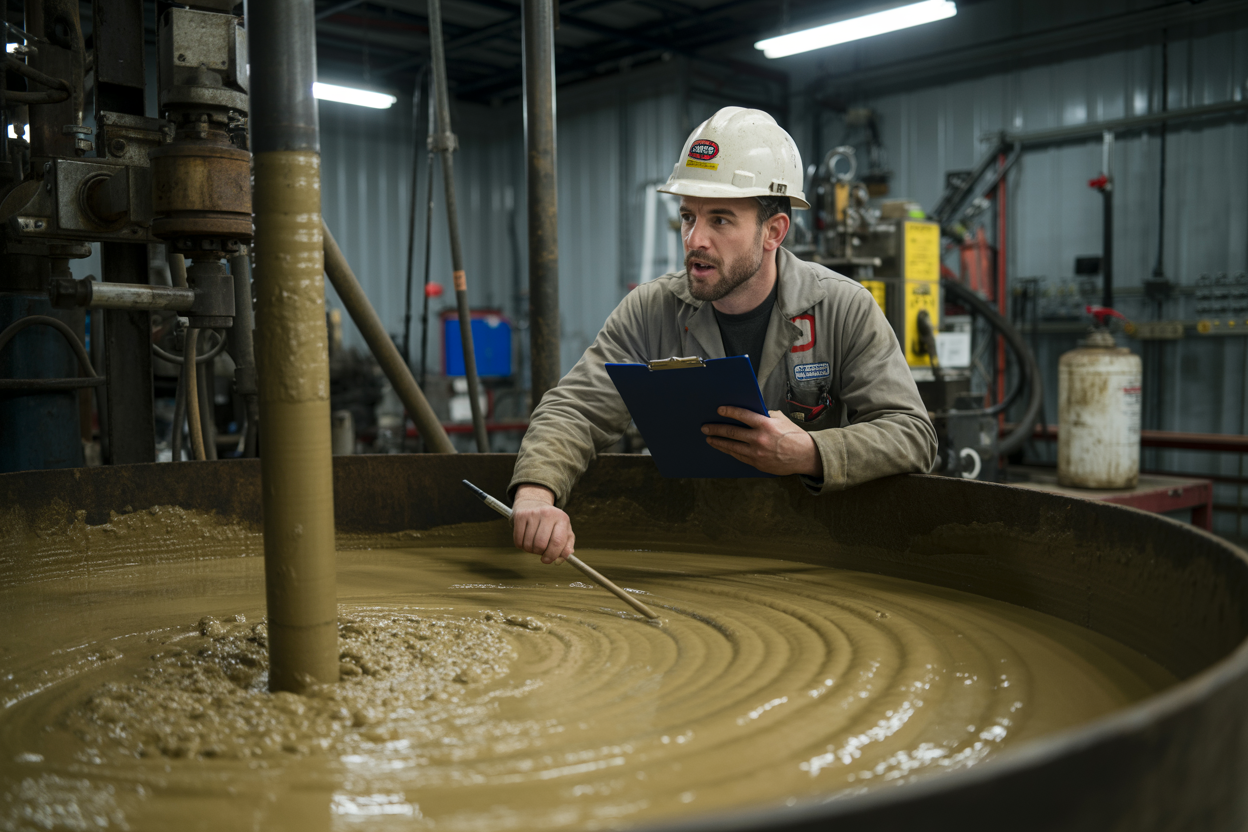 Create a realistic image of a white male drilling engineer in a hard hat and safety gear closely inspecting a large industrial mixing tank filled with murky drilling mud, with a concerned expression as he examines visible clumping and inconsistent texture in the fluid, holding a clipboard and checking instruments on the tank, surrounded by industrial drilling equipment and chemical containers in a well-lit oil field facility, with a problem-solving and diagnostic mood, featuring dim overhead industrial lighting that highlights the thick, uneven mud mixture in the open tank. Absolutely NO text should be in the scene.