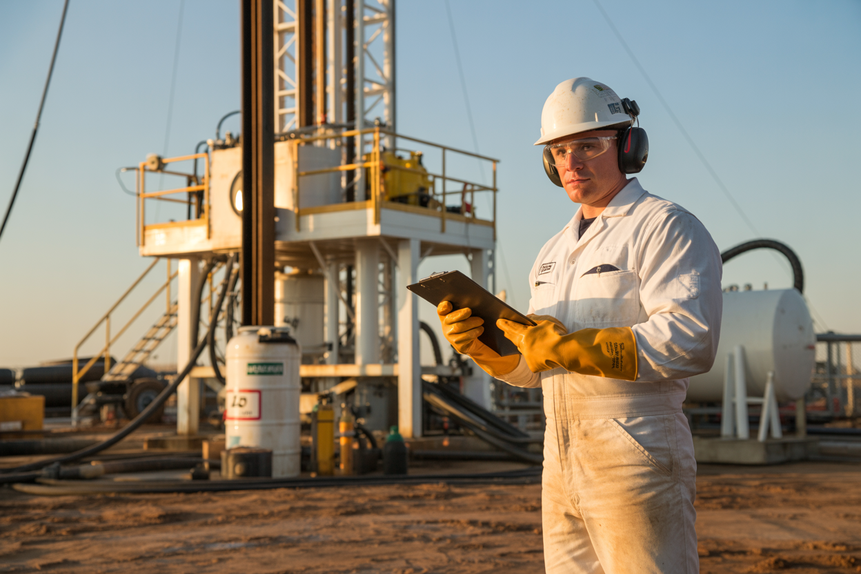 Create a realistic image of a professional oil drilling site where a white male worker in full safety gear including chemical-resistant gloves, protective goggles, and a hard hat stands confidently near a large drilling mud mixing tank, holding a clipboard, with well-maintained drilling mud equipment and chemical storage containers visible in the background, bathed in warm golden late-afternoon sunlight that conveys a sense of successful completion and professionalism, the overall mood being calm, accomplished, and safety-conscious, with a clean and organized worksite environment. Absolutely NO text should be in the scene.