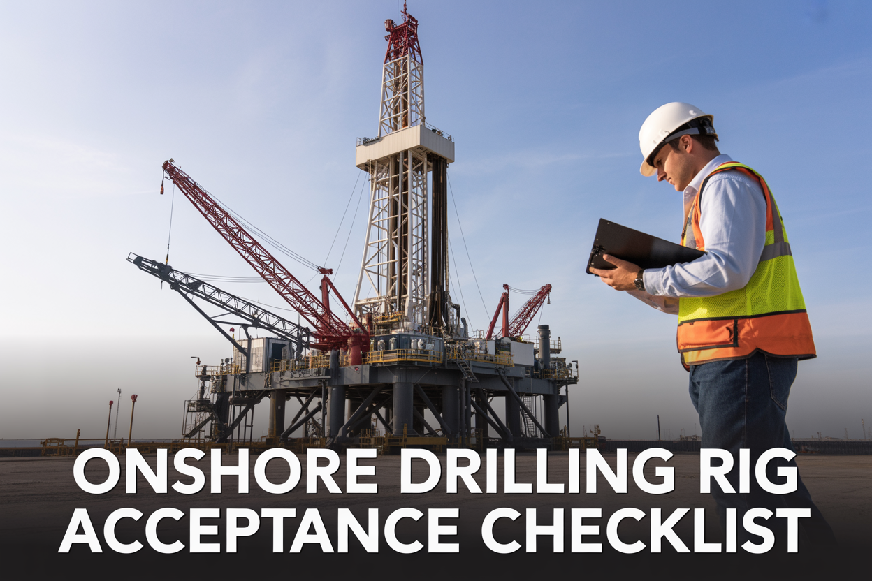 Create a realistic image of a large onshore drilling rig standing tall against a clear daytime sky, with visible mechanical components including the derrick, drill floor, and mud systems, featuring a white male engineer in a hard hat and safety vest holding a clipboard and inspecting the rig equipment in the foreground, with industrial lighting highlighting the metallic structures, conveying a professional and safety-focused atmosphere, and include the on-image text "Onshore Drilling Rig Acceptance Checklist" displayed in bold white letters at the bottom of the image.