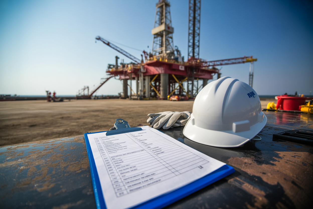 Create a realistic image of a close-up view of a clipboard holding a detailed checklist document placed on a metal surface of an onshore drilling rig, with a hard hat and safety gloves resting beside it, the massive drilling rig structure visible in the blurred background under a clear blue sky, natural daylight illuminating the scene with a professional and organized mood, conveying the importance of systematic inspection and safety compliance. Absolutely NO text should be in the scene.