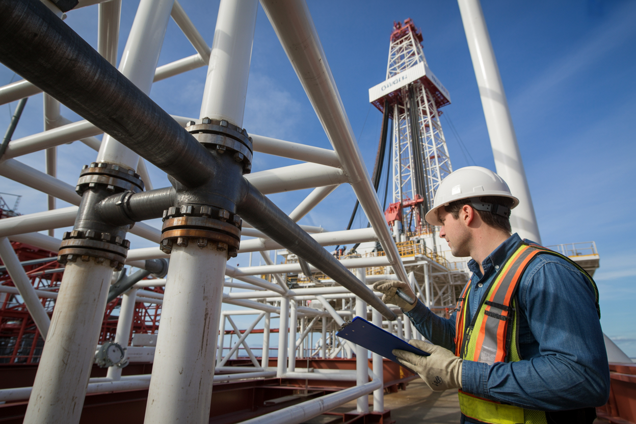 Create a realistic image of a close-up view of an onshore drilling rig's structural framework and mechanical components, showing heavy steel beams, bolted joints, and mechanical fittings being inspected by a white male engineer in a hard hat, safety vest, and gloves, carefully examining the metal structure with a flashlight and clipboard, with the towering rig structure visible in the background under bright daylight, conveying a professional and methodical inspection atmosphere. Absolutely NO text should be in the scene.