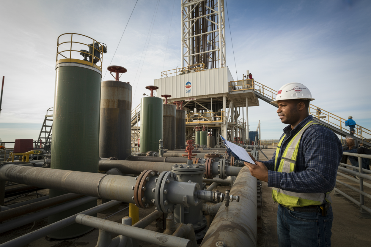 Create a realistic image of a close-up view of an onshore drilling rig mud system, featuring large cylindrical mud tanks filled with dark green drilling fluid, connected by a network of pipes and valves, with mixing hoppers and agitators visible on top of the tanks, set against the backdrop of an active drilling rig structure under a bright overcast sky, conveying an industrial and technical atmosphere, with a black male engineer in a hard hat and safety vest inspecting a valve on one of the mud tanks with a clipboard in hand, the scene lit by natural daylight highlighting the mechanical details of the mud circulation system. Absolutely NO text should be in the scene.