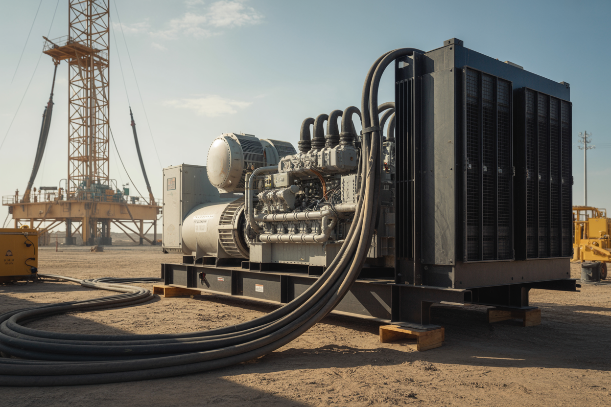 Create a realistic image of a large industrial power generation unit on an onshore drilling rig site, featuring a massive diesel generator set with visible alternators, electrical control panels, and heavy-duty power distribution cables running along the ground, set against a background of a dusty oilfield environment with drilling equipment visible in the distance, the scene lit with strong daylight casting sharp shadows, conveying an industrial and utilitarian atmosphere, with the generator running and subtle exhaust fumes visible, highlighting the scale and complexity of the electrical infrastructure. Absolutely NO text should be in the scene.