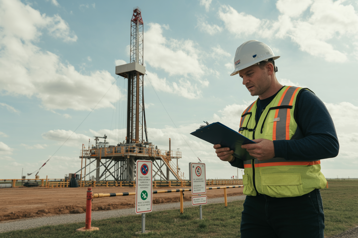Create a realistic image of an onshore drilling rig site with visible safety and environmental compliance measures in place, including clearly marked hazard zones, spill containment barriers around equipment, and safety signage posts near the wellhead area, with a white male safety inspector in a hard hat, high-visibility vest, and protective gear holding a clipboard while examining the rig's base equipment, the background showing the open landscape with the tall drilling derrick structure rising against a partly cloudy sky, natural daylight illuminating the scene with a professional and serious mood emphasizing safety and environmental responsibility. Absolutely NO text should be in the scene.