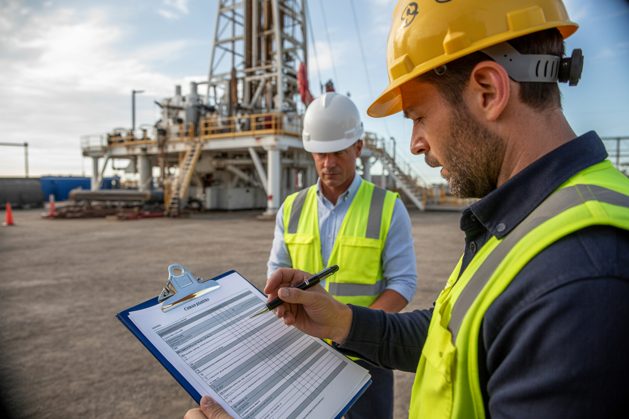 Create a realistic image of a close-up scene on an onshore drilling rig site showing a clipboard with a structured checklist and official documents being signed by a white male engineer in a yellow hard hat and safety vest, with another white male supervisor reviewing the paperwork beside him, both standing near industrial drilling equipment in the background, natural daylight illuminating the scene with a professional and authoritative mood, Absolutely NO text should be in the scene.