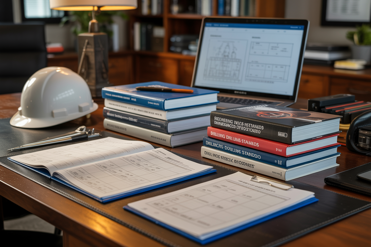 Create a realistic image of a well-organized desk with a collection of technical manuals, engineering reference books, and printed drilling industry standards neatly stacked or spread open, alongside a clipboard holding structured checklist documents, a laptop displaying technical diagrams, and a hard hat placed nearby, set in a professional office environment with warm, focused lighting that conveys a sense of thoroughness and expertise. Absolutely NO text should be in the scene.