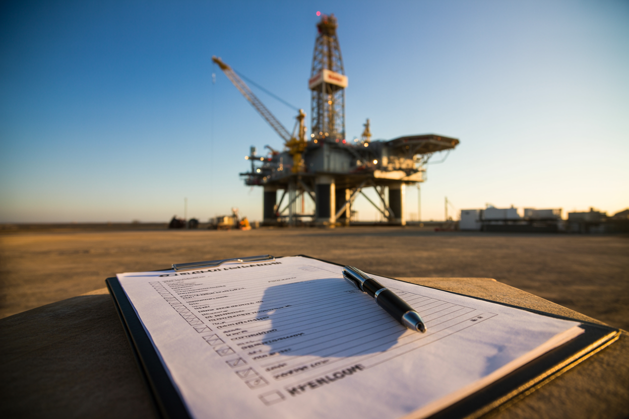 Create a realistic image of a close-up view of a completed onshore drilling rig acceptance checklist on a clipboard with a pen resting on top, placed on a hard surface near an onshore drilling rig in the background, the rig towering against a clear blue sky, the scene conveying a sense of successful completion and professional accomplishment, with warm golden hour lighting casting a confident and authoritative mood over the industrial setting, the checklist clipboard sharp in focus while the drilling rig remains slightly blurred in the background to emphasize finality and closure. Absolutely NO text should be in the scene.