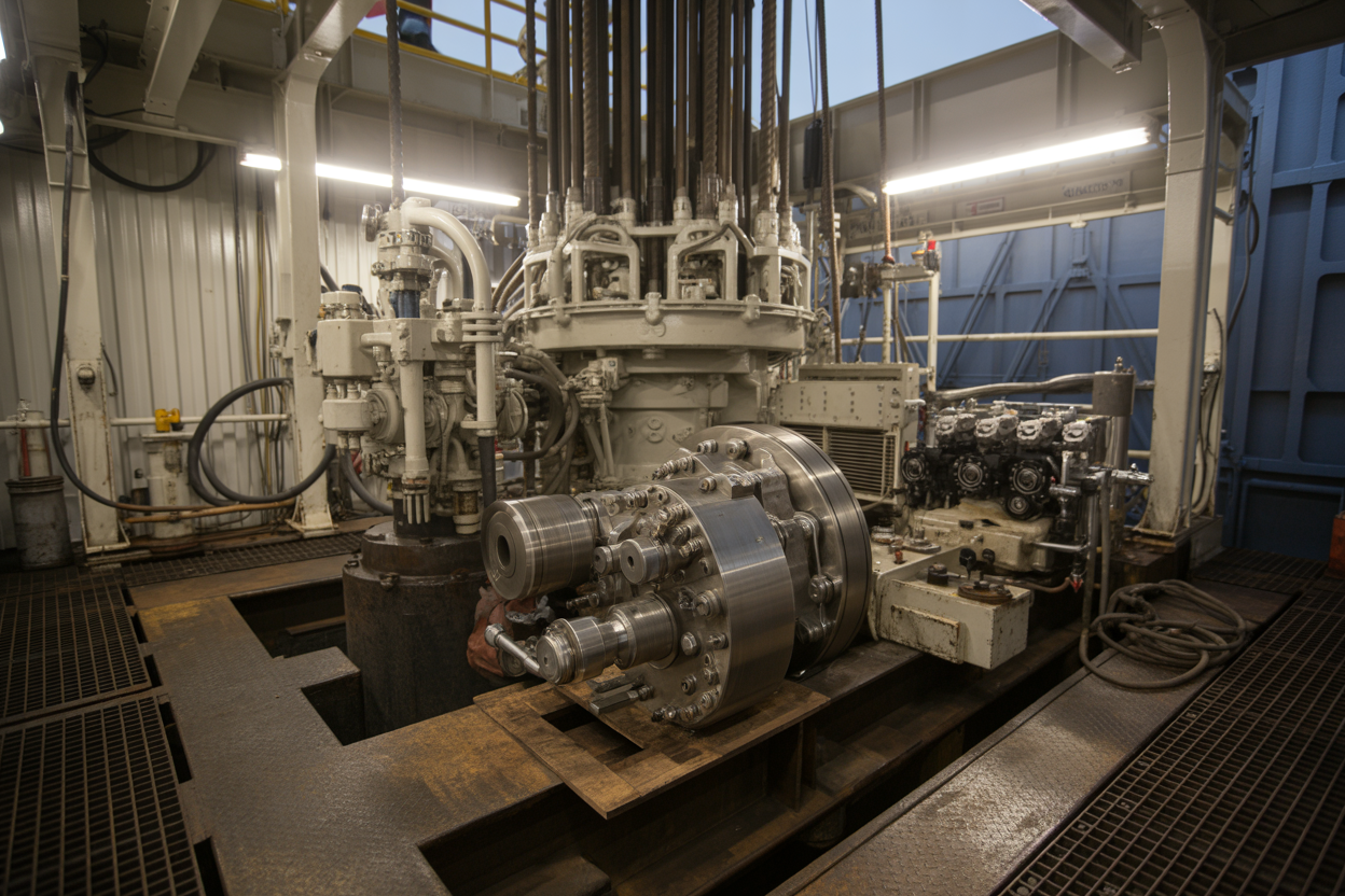Create a realistic image of a close-up view of core mechanical components of an onshore drilling rig, featuring a well-organized arrangement of heavy-duty machinery parts including a large rotary table, draw-works drum with steel cables, hydraulic systems with pipes and valves, and a powerful diesel engine block, all displayed in an industrial setting with harsh overhead workshop lighting casting sharp shadows, highlighting the metallic textures and mechanical complexity of the equipment, with a slightly worn and oil-stained appearance suggesting active use and regular servicing, set against a background of a rig machinery room with steel grating floors and structural steel frames, conveying a sense of industrial strength and the critical importance of mechanical upkeep, with no human subjects present. Absolutely NO text should be in the scene.