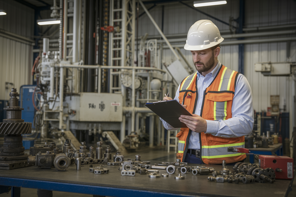 Create a realistic image of a white male drilling rig technician in a hard hat and safety vest, standing at a workbench inside an onshore drilling rig facility, reviewing a structured maintenance checklist on a clipboard while referencing mechanical equipment components such as gears, valves, and hydraulic parts laid out nearby, with a large industrial drilling rig machinery visible in the background, the scene is well-lit with overhead industrial lighting casting a focused and organized atmosphere, conveying a sense of systematic planning and mechanical inspection. Absolutely NO text should be in the scene.