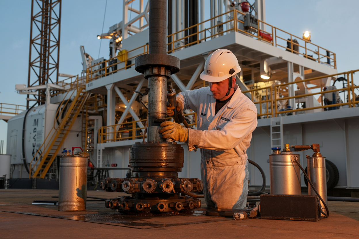 Create a realistic image of a close-up scene on an onshore drilling rig where a white male technician in a safety helmet, coveralls, and protective gloves is carefully applying grease lubricant to heavy drilling equipment machinery components, with a grease gun in hand and lubrication points clearly visible on metal gears and bearings, industrial oil cans and lubrication tools placed nearby, set against a background of large rig mechanical systems and steel structures, warm workshop lighting highlighting the metallic surfaces and grease, conveying a professional and precise maintenance atmosphere. Absolutely NO text should be in the scene.