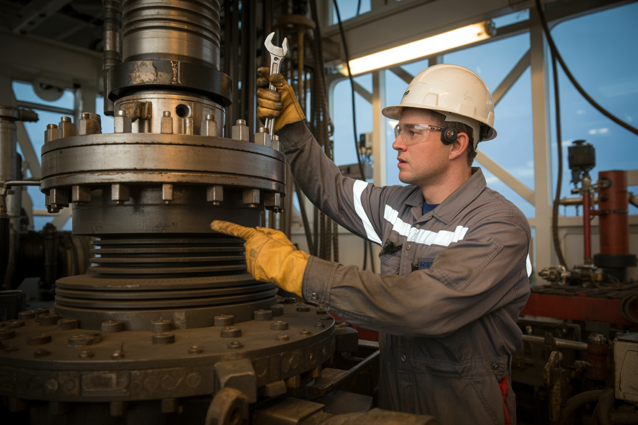 Create a realistic image of a close-up scene inside an onshore drilling rig mechanical area, where a white male technician in a hard hat, safety goggles, and coveralls is inspecting a large worn or damaged mechanical component such as a gear assembly or pump, holding a wrench in one hand and pointing at a visible fault or crack on the equipment with the other, with other heavy-duty rig machinery and tools visible in the background, lit by a combination of industrial overhead lighting and natural light filtering through the rig structure, conveying a focused and problem-solving mood. Absolutely NO text should be in the scene.