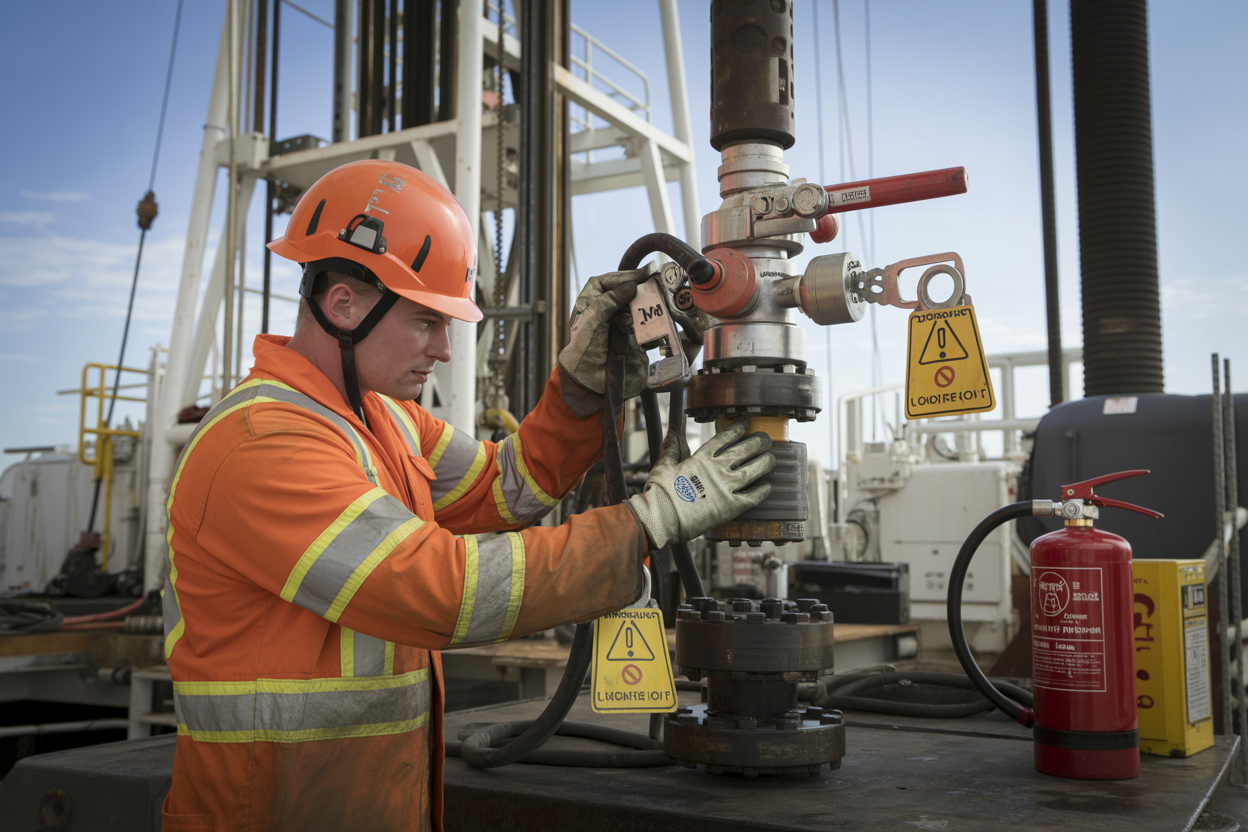 Create a realistic image of a white male worker in a bright orange safety helmet, high-visibility vest, and protective gloves carefully inspecting heavy drilling equipment on an onshore drilling rig, with safety lockout/tagout tags visibly attached to machinery controls, a fire extinguisher and safety kit nearby, the background showing the steel structure of the rig under a clear daytime sky, the scene conveying a professional and safety-conscious atmosphere with focused industrial lighting highlighting the equipment and worker's careful actions. Absolutely NO text should be in the scene.