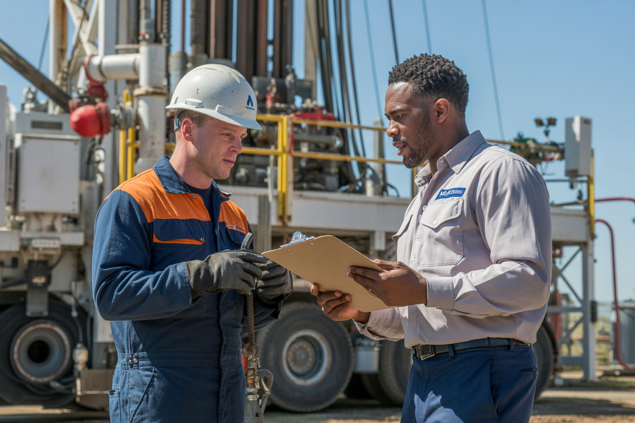 Create a realistic image of a skilled white male mechanic in a safety helmet and coveralls inspecting heavy drilling rig equipment on an onshore drilling site, with a black male engineer standing beside him reviewing a technical checklist on a clipboard, both focused and engaged in a collaborative maintenance assessment, surrounded by large mechanical components, pipes, and rig machinery in the background, under bright natural daylight with industrial work lights adding depth, conveying professionalism, teamwork, and technical expertise in a rugged oilfield environment. Absolutely NO text should be in the scene.