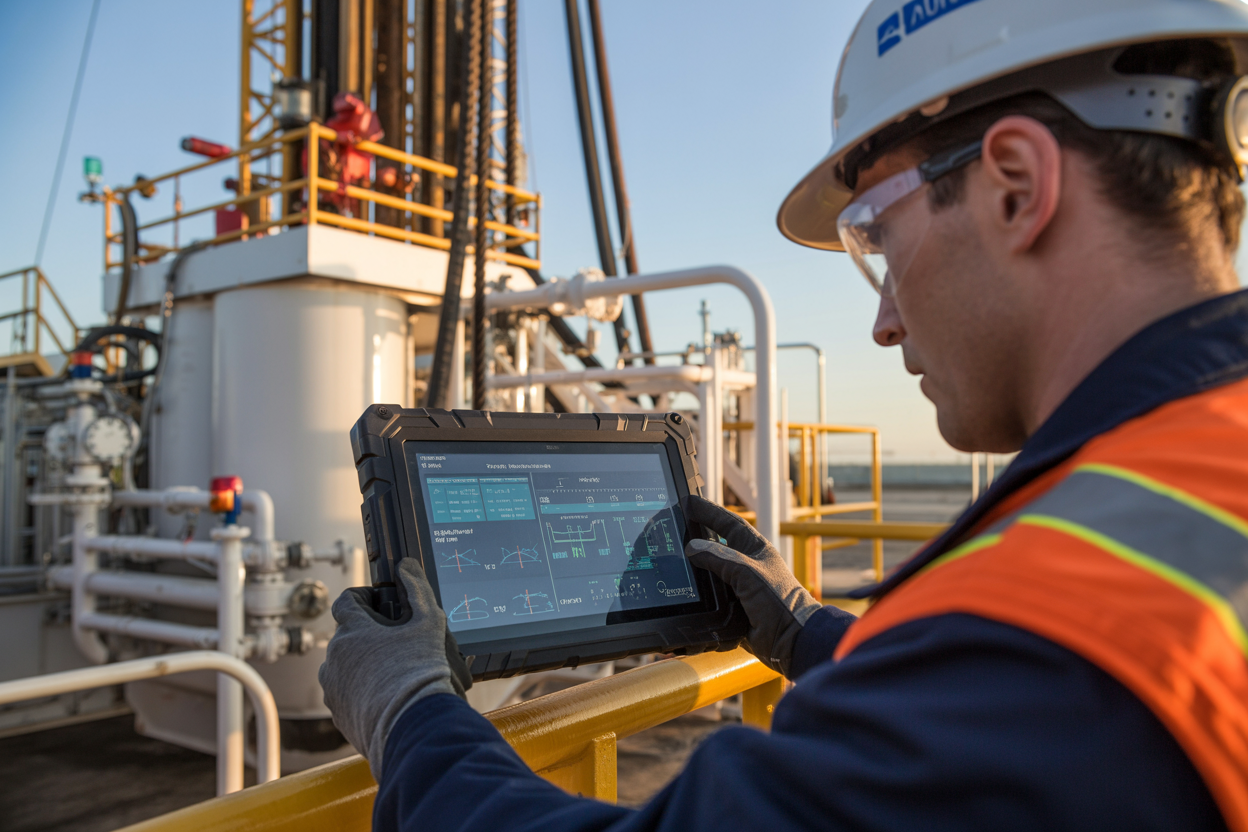 Create a realistic image of a close-up view of a rugged industrial tablet or digital screen mounted near heavy drilling rig machinery, displaying real-time maintenance data dashboards and equipment health monitoring visuals, with a white male technician in a hard hat and safety vest interacting with the device, mechanical components such as pipes and drilling equipment visible in the background, the scene lit with a combination of natural daylight and industrial lighting, conveying a modern and tech-forward atmosphere in an onshore drilling environment. Absolutely NO text should be in the scene.