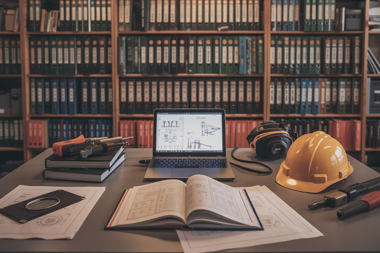 Create a realistic image of a well-organized technical reference library or workspace featuring open engineering manuals, maintenance handbooks, and technical documentation spread across a clean desk, alongside a laptop displaying technical diagrams, a hard hat, and mechanical tools nearby, with bookshelves filled with industrial reference binders in the background, warm professional lighting creating a focused and resourceful atmosphere, conveying a sense of knowledge and expertise in drilling rig maintenance. Absolutely NO text should be in the scene.
