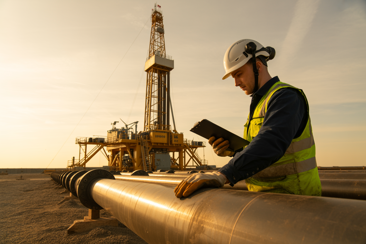 Create a realistic image of a well-maintained onshore drilling rig at golden hour, showcasing a close-up view of a white male technician in a safety helmet, high-visibility vest, and work gloves performing a final inspection on a large, clean piece of heavy drilling equipment, with a clipboard and digital tablet nearby symbolizing modern maintenance tracking, the rig structure rising prominently in the background under a warm amber sky, conveying a sense of professionalism, safety, and operational excellence, with soft directional lighting highlighting the polished metal surfaces and organized machinery. Absolutely NO text should be in the scene.