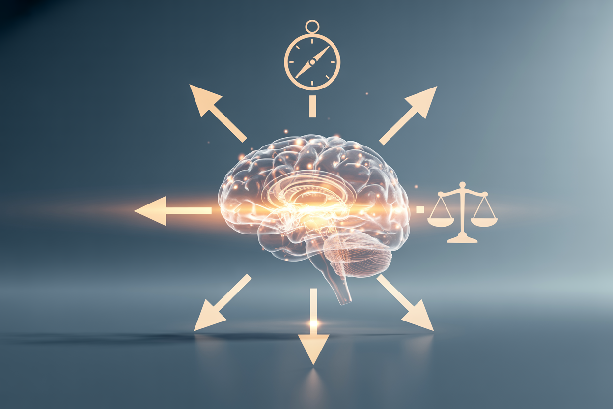 Create a realistic image of a close-up view of a human brain made of glowing neural connections placed at the center, surrounded by symbolic icons representing choices such as a compass, a balance scale, and arrows pointing in different directions, set against a clean dark blue gradient background, with soft golden and white light highlighting the brain and icons, conveying a sense of clarity, intelligence, and the importance of thoughtful decision-making, professional and modern mood. Absolutely NO text should be in the scene.