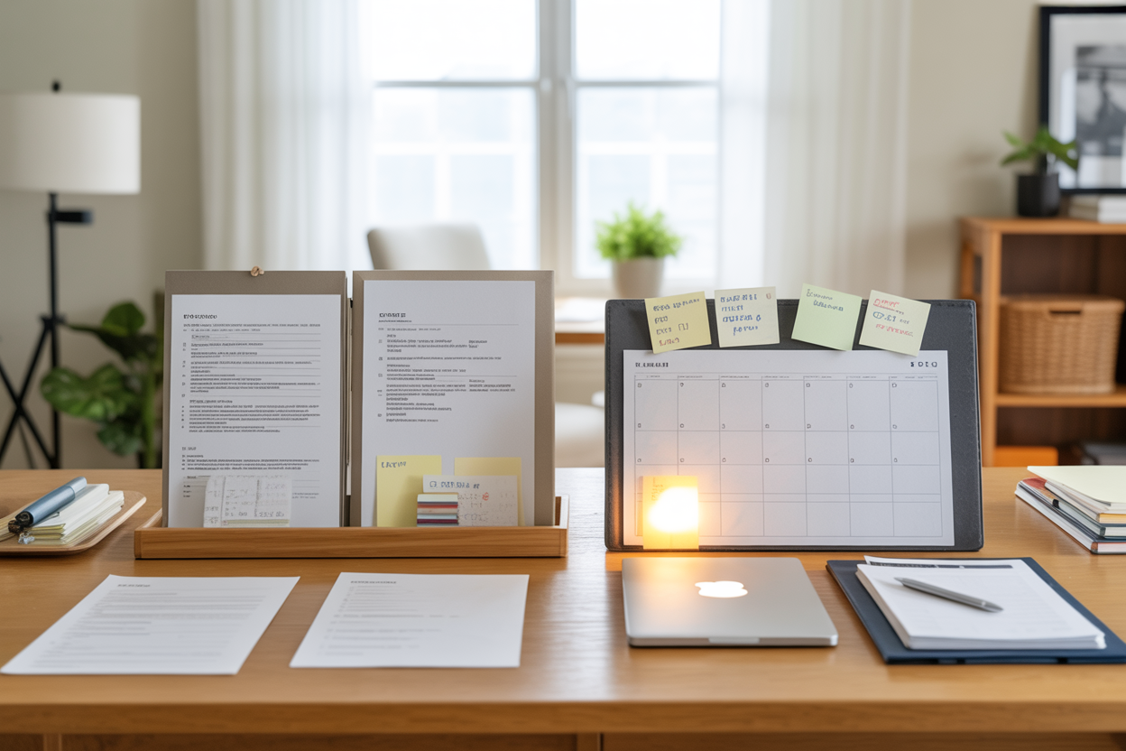 Create a realistic image of a clean, organized desk with two distinct sections: one side featuring a large, bold stack of important documents, a planner, and a glowing laptop representing high-priority tasks, and the other side with small, trivial sticky notes and minor to-do items representing low-priority tasks, with a clear visual divider such as a wooden tray or organizer separating the two groups, set in a bright, modern home office with natural light streaming through a window, conveying a sense of clarity and order, with a calm and focused mood. Absolutely NO text should be in the scene.