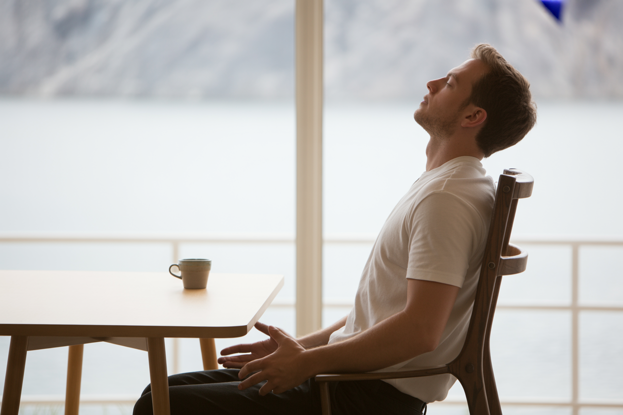 Create a realistic image of a calm and thoughtful scene featuring a white male sitting alone at a minimalist wooden desk near a large window, leaning back slightly in his chair with his eyes closed and hands resting gently on the desk, conveying a moment of deliberate pause and reflection, soft natural daylight streaming through the window illuminating the serene space, a simple cup of tea or coffee on the desk beside him, a clean and uncluttered background with neutral tones, the overall mood peaceful, unhurried, and introspective. Absolutely NO text should be in the scene.
