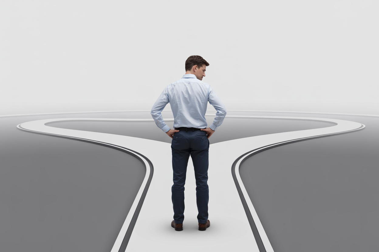 Create a realistic image of a person standing at a crossroads or fork in a path, symbolizing decision-making and problem identification, with a thoughtful white male in his 30s looking down at two distinct diverging paths, one appearing straightforward and the other more complex and winding, set in a clean minimalist environment with soft neutral lighting that conveys clarity and focus, the overall mood being calm and contemplative, suggesting careful analysis and problem-solving. Absolutely NO text should be in the scene.