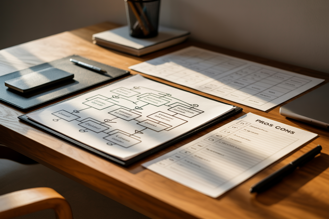 Create a realistic image of a clean wooden desk with a structured decision-making framework laid out, featuring a neatly organized flowchart diagram on paper, a pros and cons list, and a decision matrix grid alongside a pen, all arranged in an orderly manner under warm, focused desk lighting, conveying a sense of clarity, logic, and structured thinking, with a blurred neutral background to keep focus on the tools, Absolutely NO text should be in the scene.