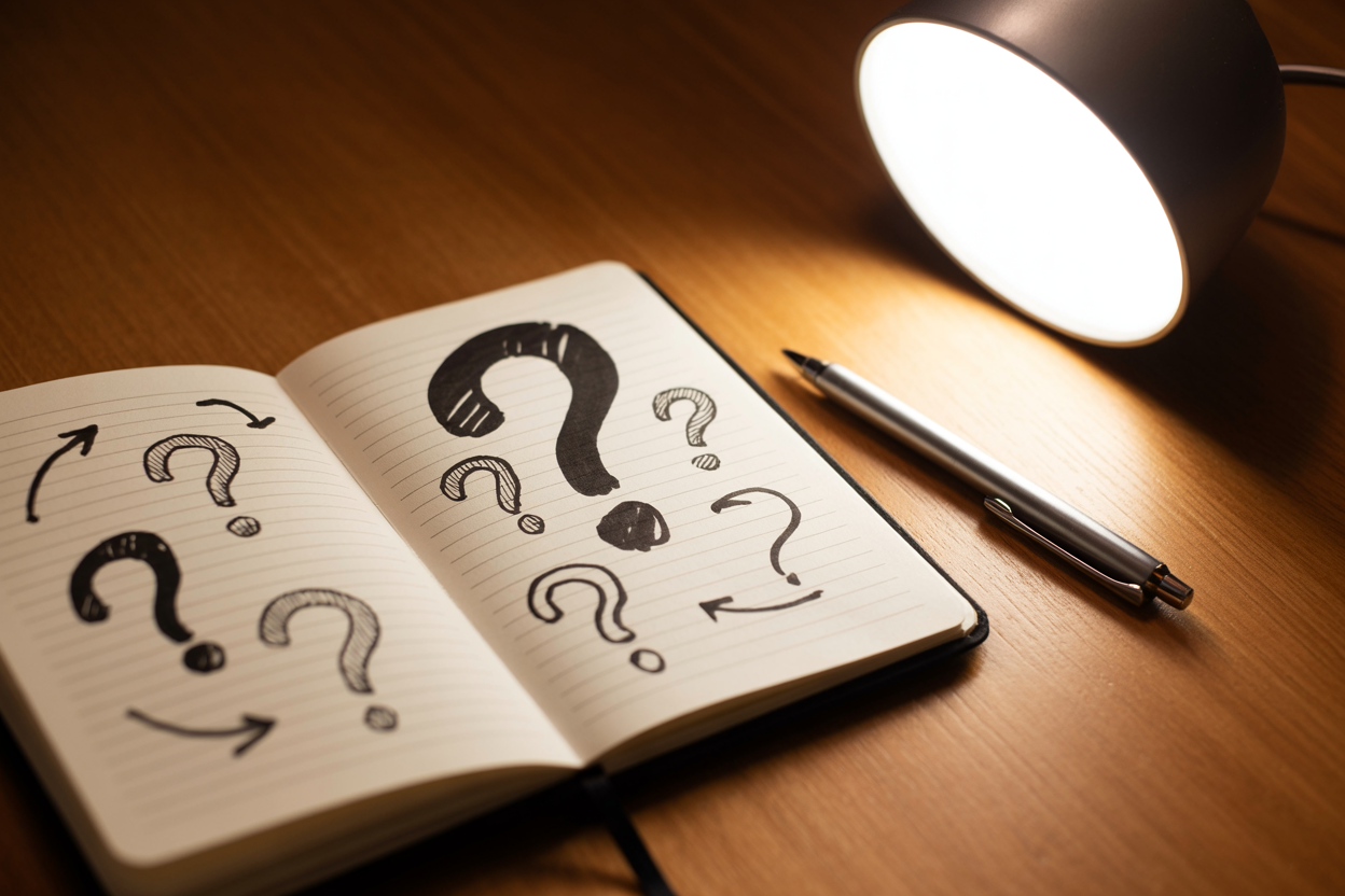 Create a realistic image of a close-up shot of a open notebook on a clean wooden desk with several thoughtful, open-ended questions written as simple symbolic doodles like question marks and arrows, alongside a pen resting on the page, with a warm, focused desk lamp illuminating the scene, conveying a calm and contemplative mood that suggests deep thinking and mental clarity. Absolutely NO text should be in the scene.