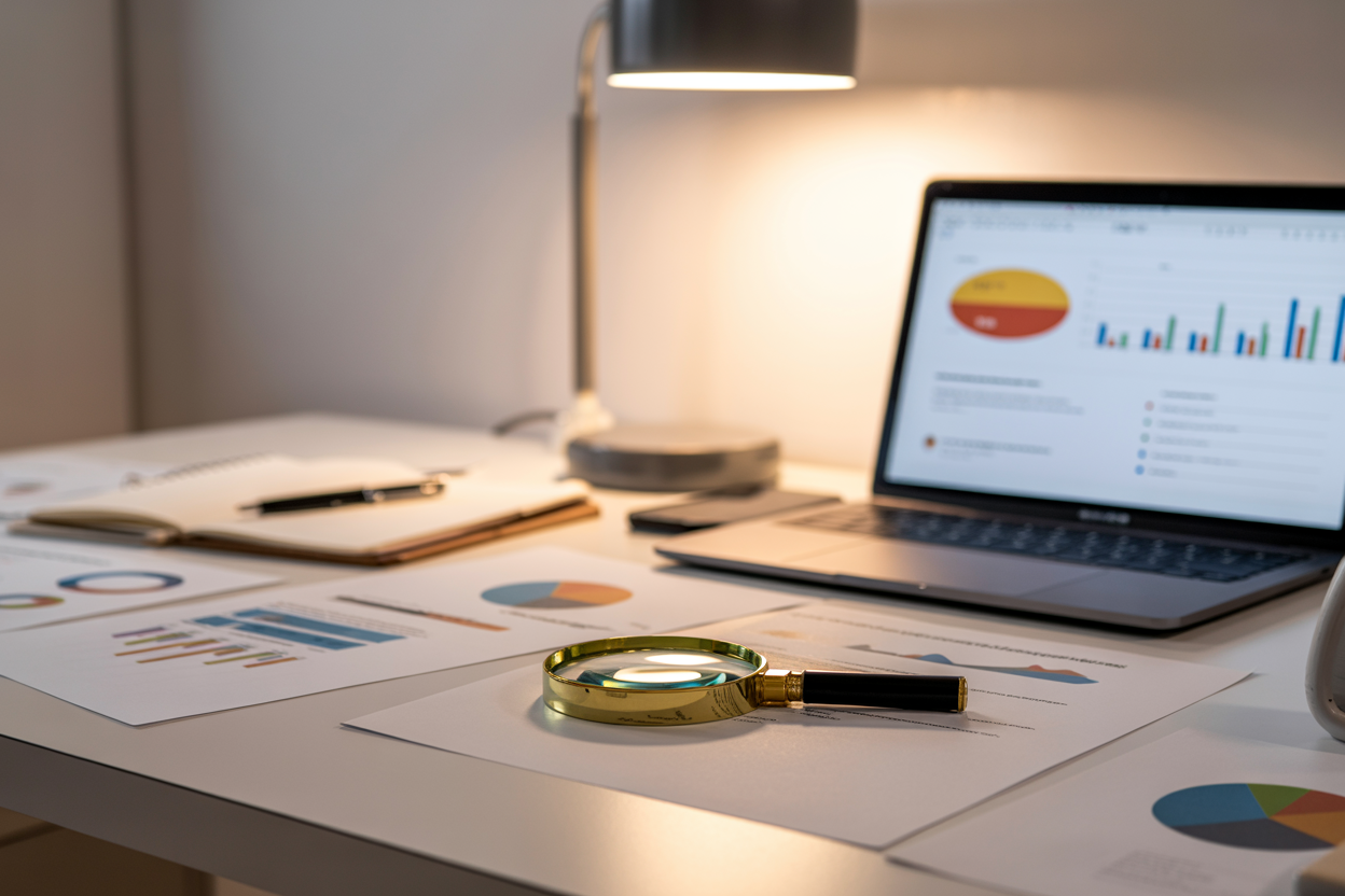 Create a realistic image of a clean, modern desk workspace with multiple sources of information spread out, including an open laptop displaying colorful charts and graphs, printed documents, and a notepad with a pen, a magnifying glass resting on one of the papers symbolizing analysis and evaluation, warm focused desk lamp lighting illuminating the scene, a calm and thoughtful atmosphere suggesting careful decision-making, shallow depth of field with a slightly blurred neutral background to keep focus on the research materials, Absolutely NO text should be in the scene.