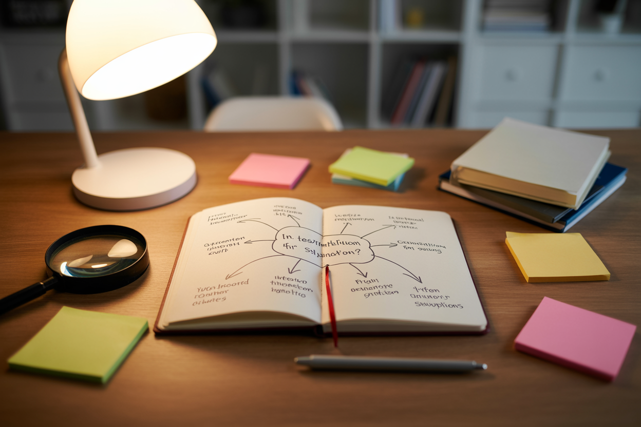 Create a realistic image of a wooden desk with a large open notebook at the center, surrounded by sticky notes, a magnifying glass, and a pen, with a mind map or diagram sketched on the notebook pages showing interconnected factors and question marks to symbolize uncovering hidden assumptions, soft warm desk lamp lighting illuminating the scene, creating a focused and analytical mood, clean and organized background with a blurred bookshelf in the distance. Absolutely NO text should be in the scene.