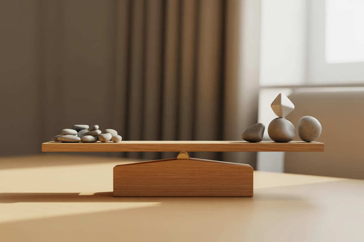 Create a realistic image of a wooden balance scale on a clean desk, with two sides holding different weighted objects symbolizing choices, such as small stones or geometric shapes on one side and fewer but larger ones on the other, suggesting a decision-making process, soft natural lighting illuminating the scene from the side, neutral beige and brown tones in the background, conveying a calm and thoughtful mood, with a shallow depth of field to keep focus on the scale. Absolutely NO text should be in the scene.
