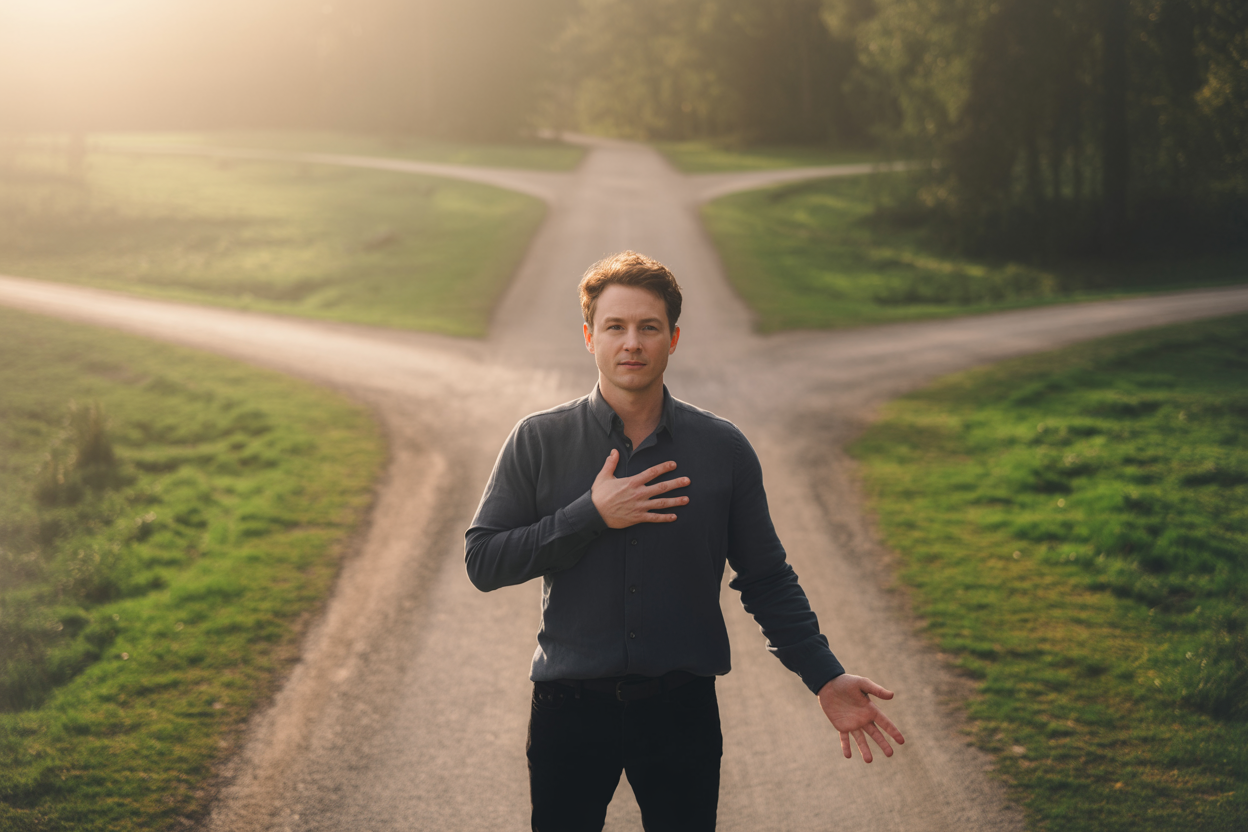 Create a realistic image of a person standing at a crossroads on a open path, confidently choosing a direction with a calm and assured expression, one hand resting on their chest symbolizing intuition, the other hand open and relaxed suggesting flexibility, soft natural lighting with warm golden tones filtering through surrounding trees, creating a hopeful and decisive mood, the background showing multiple branching paths blending into a lush green landscape, symbolizing open possibilities and adaptability. Absolutely NO text should be in the scene.