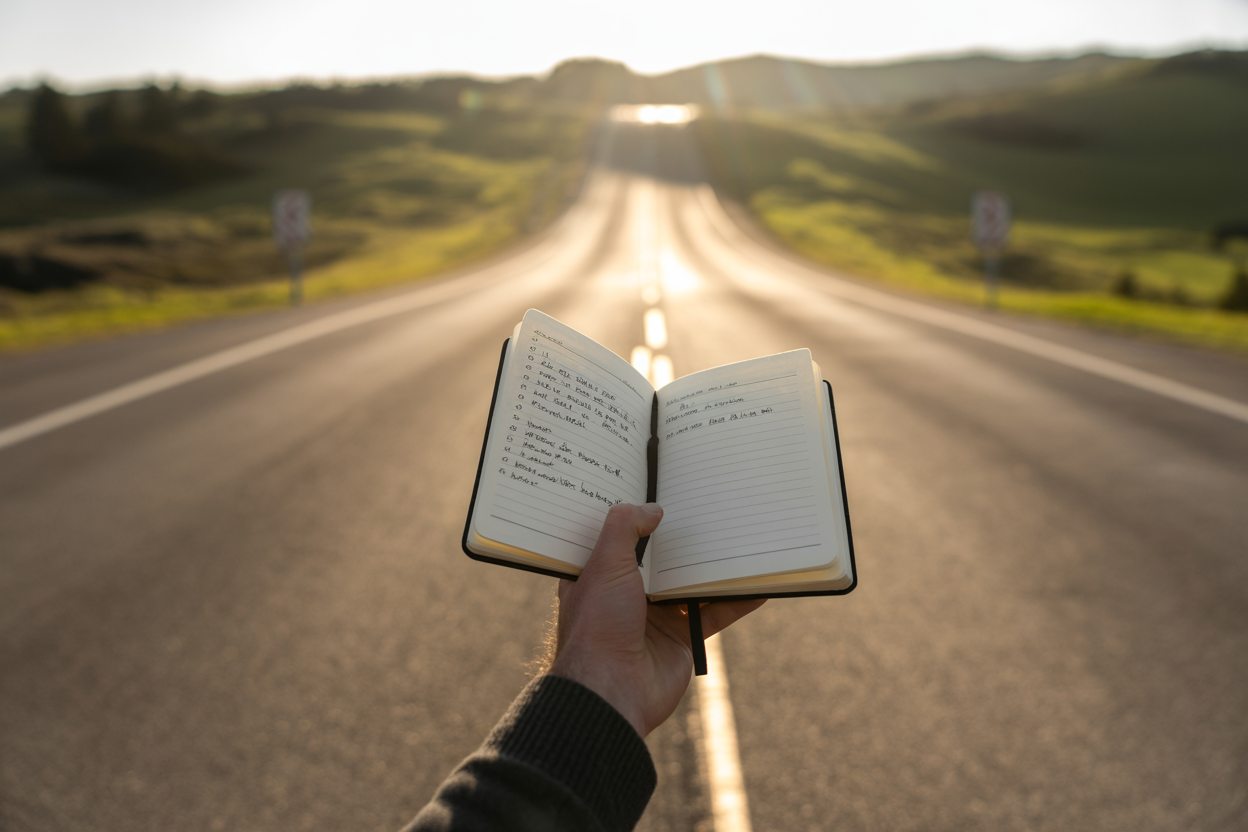 Create a realistic image of a confident white male standing at a crossroads or decision point, taking a decisive step forward on a path, with a journal or notebook open in his hand showing written notes, symbolizing reflection and learning, the background features a bright, forward-leading road with soft natural light breaking through, conveying momentum, growth, and purposeful action, the mood is optimistic and determined, with warm golden lighting emphasizing progress and clarity. Absolutely NO text should be in the scene.