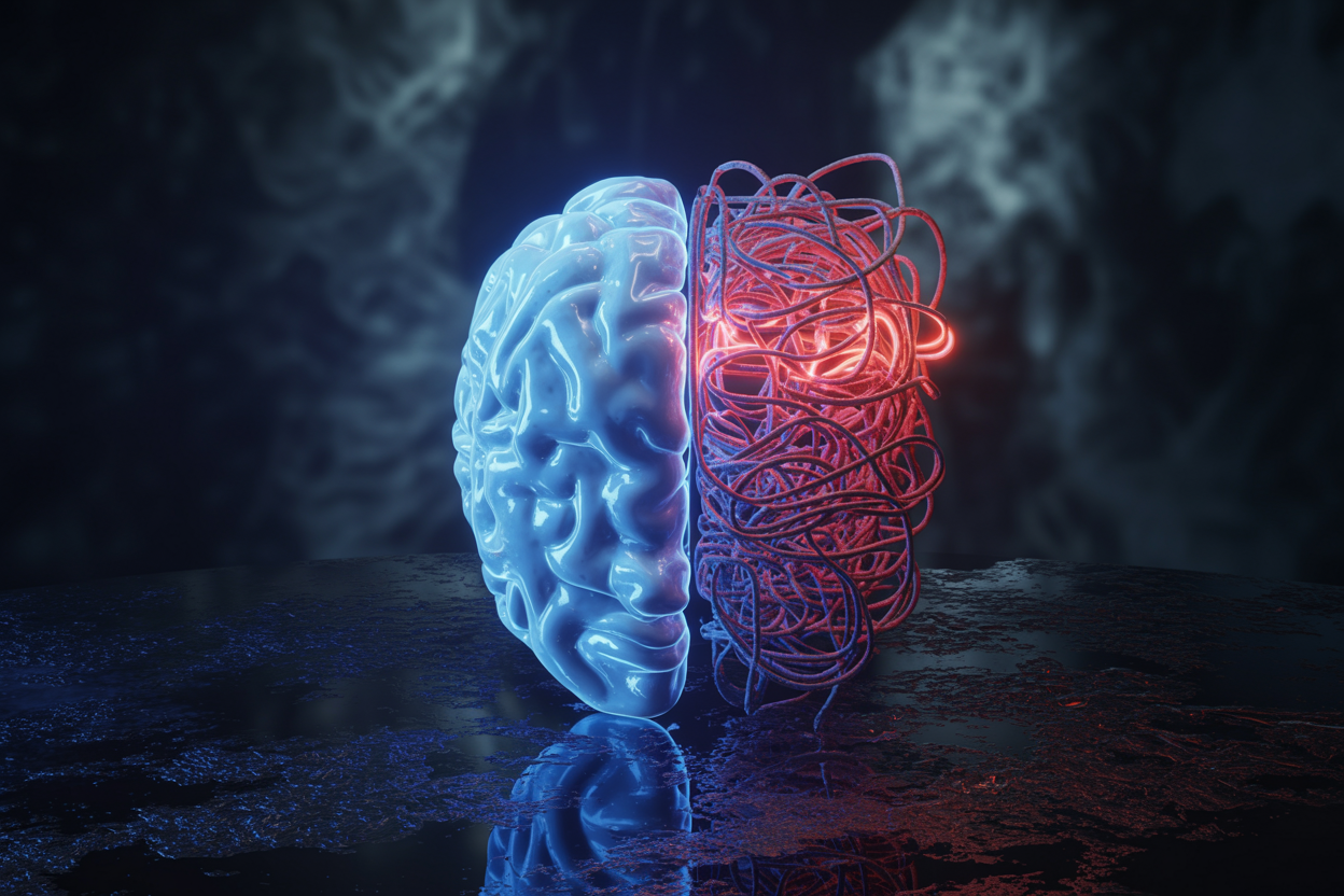 Create a realistic image of a highly detailed human brain placed on a reflective surface, with one half glowing brightly in cool blue light symbolizing intelligence, while the other half is tangled in a complex maze of glowing red neural pathways leading to dead ends, representing flawed thinking, set against a dark, moody background with dramatic contrast lighting highlighting the paradox between brightness and confusion, conveying the tension between high intelligence and poor decision-making. Absolutely NO text should be in the scene.