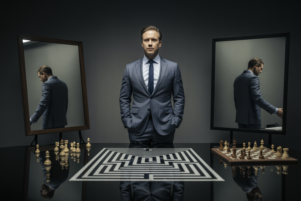 Create a realistic image of a confident white male business leader in a sharp suit standing at the center of a dimly lit boardroom, surrounded by three visual trap metaphors subtly integrated into the scene: a maze pattern reflected on the glass table, a chess board with pieces mid-game suggesting a flawed strategy, and a mirror showing a distorted reflection of the leader, symbolizing blind spots and cognitive traps, the atmosphere is tense and thought-provoking with dramatic side lighting casting subtle shadows, conveying the theme of intelligent leaders falling into decision-making pitfalls, Absolutely NO text should be in the scene.