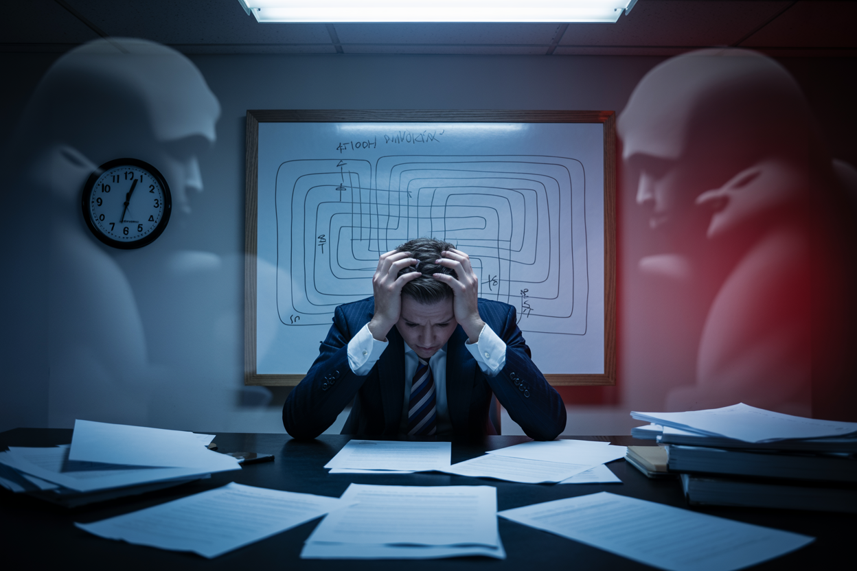 Create a realistic image of a stressed white male businessman sitting at a boardroom table under harsh, intense overhead lighting, surrounded by scattered documents and a ticking analog clock on the wall, his hands gripping his head as he stares at an overwhelming maze of decision pathways drawn on a whiteboard, with shadowy, looming figures representing pressure closing in around him, the atmosphere tense and claustrophobic with cool blue and red contrasting tones symbolizing logic versus fear, Absolutely NO text should be in the scene.