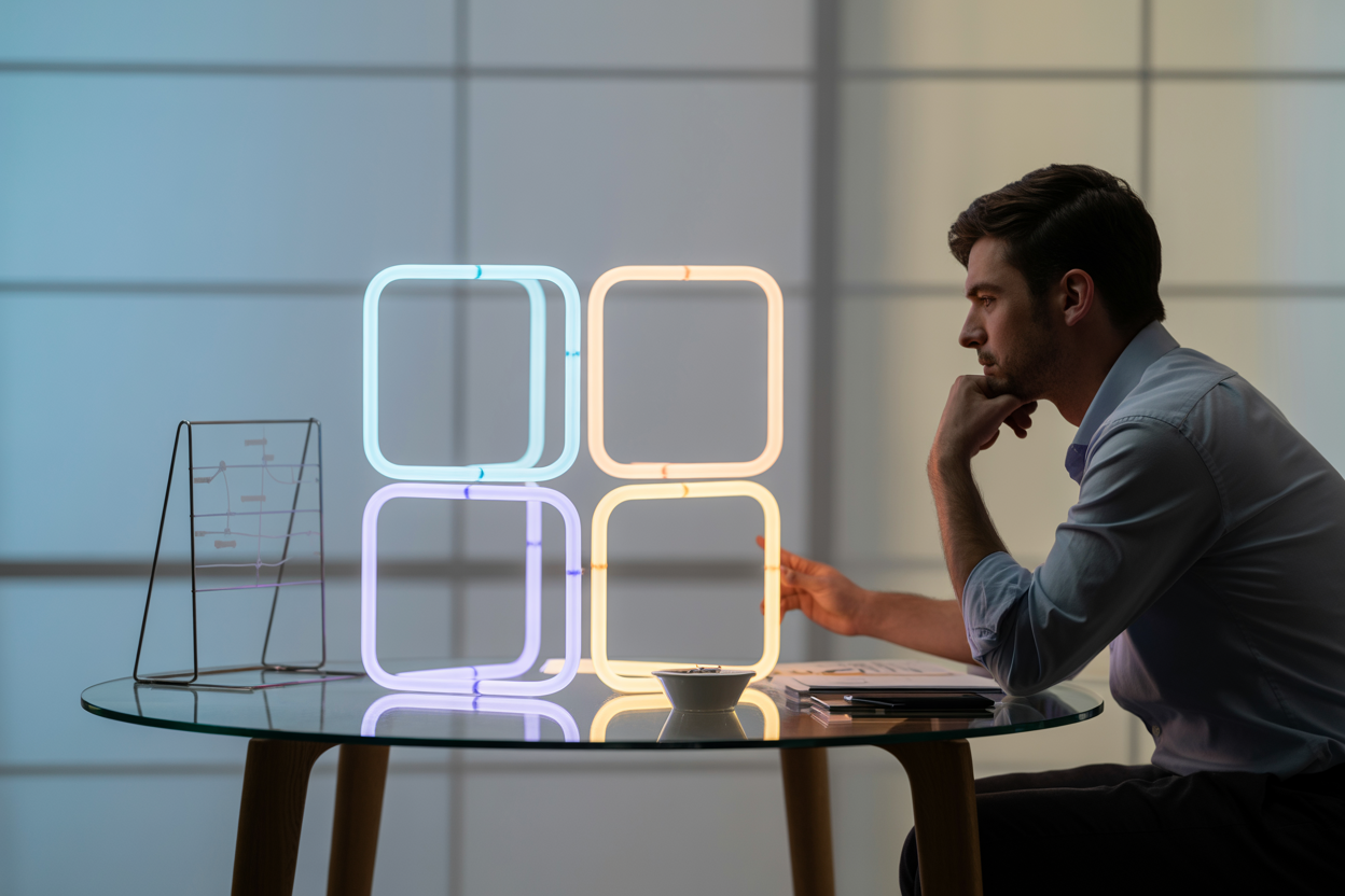 Create a realistic image of a clean, modern workspace featuring a structured decision-making framework represented by four interconnected glowing geometric quadrants arranged on a sleek glass table, with a white male professional in a business casual shirt thoughtfully examining the framework, his hand resting on his chin in a contemplative pose, surrounded by subtle visual elements suggesting analytical thinking such as a minimalist diagram, soft blue and white ambient lighting creating a focused and intellectual atmosphere, with a blurred neutral-toned office background conveying clarity and strategic thought. Absolutely NO text should be in the scene.