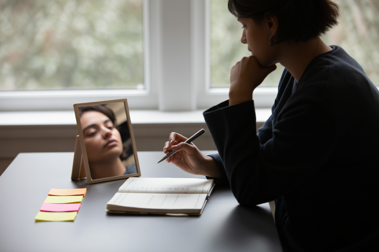 Create a realistic image of a person sitting at a clean, organized desk, pausing thoughtfully mid-task with a pen in hand hovering over an open notebook, a small mirror placed nearby reflecting their face as a metaphor for self-reflection, a few sticky notes arranged on the desk suggesting a structured review process, soft natural light streaming in from a nearby window creating a calm and focused atmosphere, the overall mood is introspective and deliberate, conveying the act of self-auditing and mindful decision-making. Absolutely NO text should be in the scene.