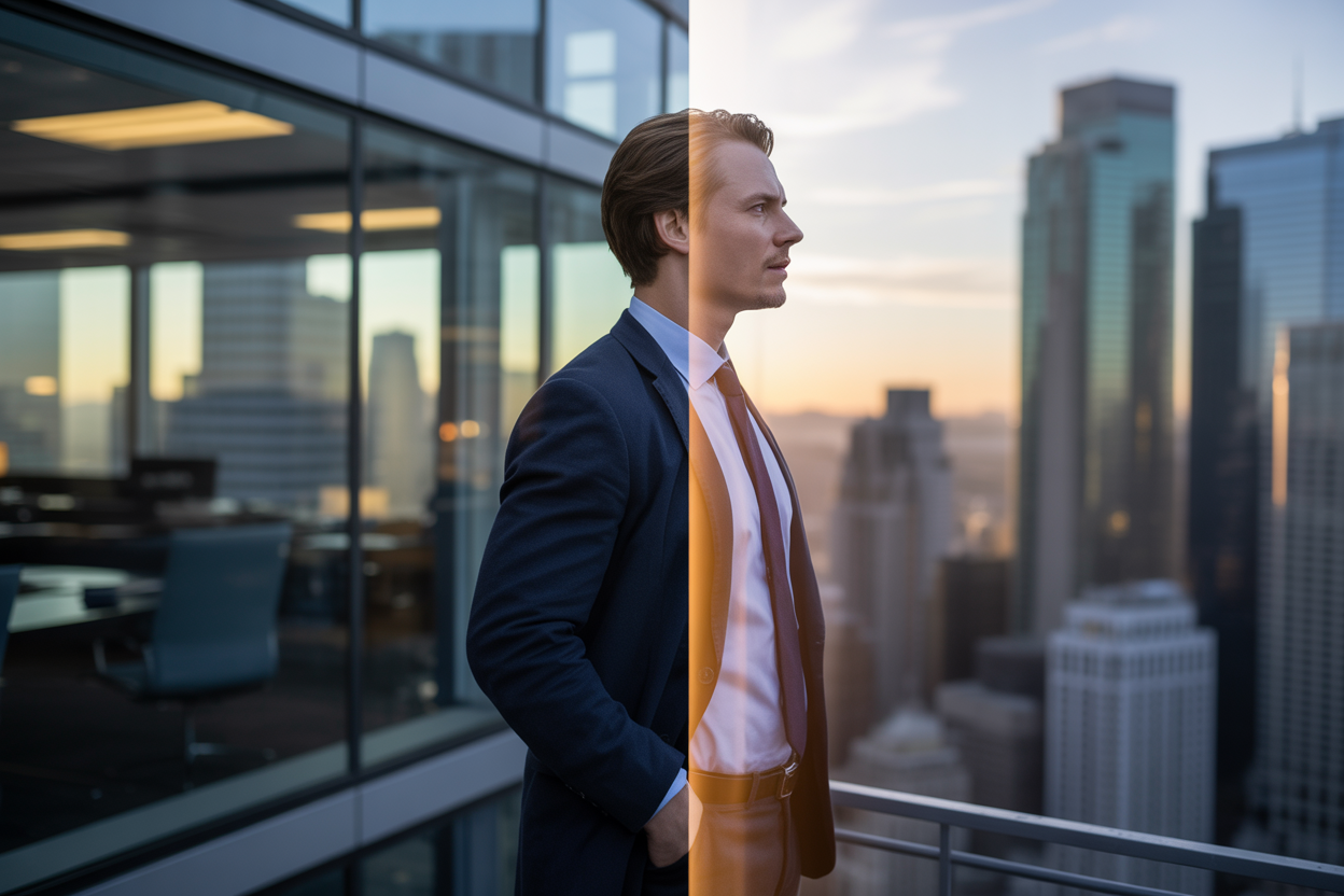Create a realistic image of a confident white male leader standing at the edge of a glass-walled office overlooking a city skyline, his posture transitioning from a tense, closed stance to an open, forward-leaning position symbolizing a mental breakthrough, with a soft golden light illuminating him from one side representing clarity and enlightenment, while the other side remains in cooler shadow representing old thinking patterns, the mood is transformative and empowering, with a blurred background of a modern corporate environment suggesting high-stakes decision-making. Absolutely NO text should be in the scene.