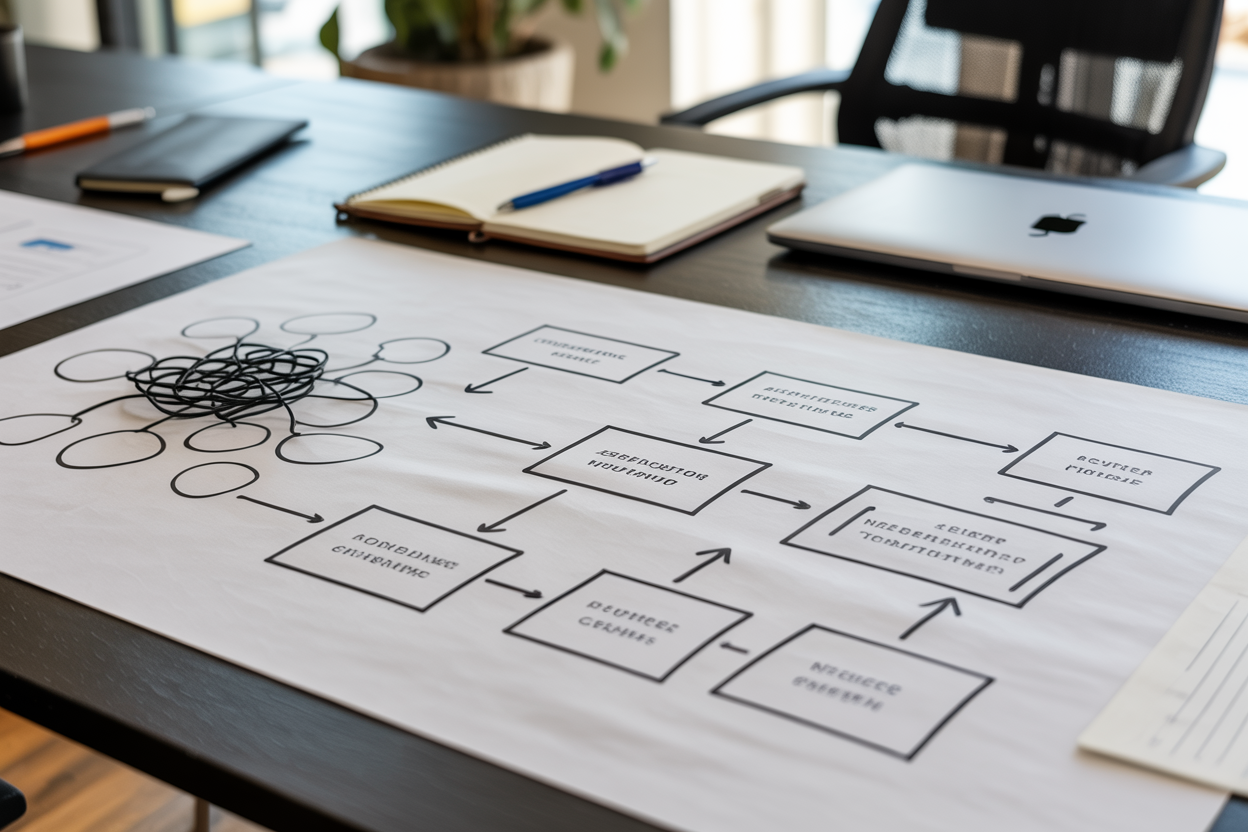 Create a realistic image of a clean, modern workspace with a structured flowchart or decision tree diagram laid out on a large desk, showing interconnected boxes and arrows forming a clear, logical path from a complex tangled cluster on one side to a clean resolved endpoint on the other, with a notebook, pen, and laptop nearby, soft professional lighting illuminating the scene, conveying clarity, order, and strategic thinking, neutral and focused mood. Absolutely NO text should be in the scene.