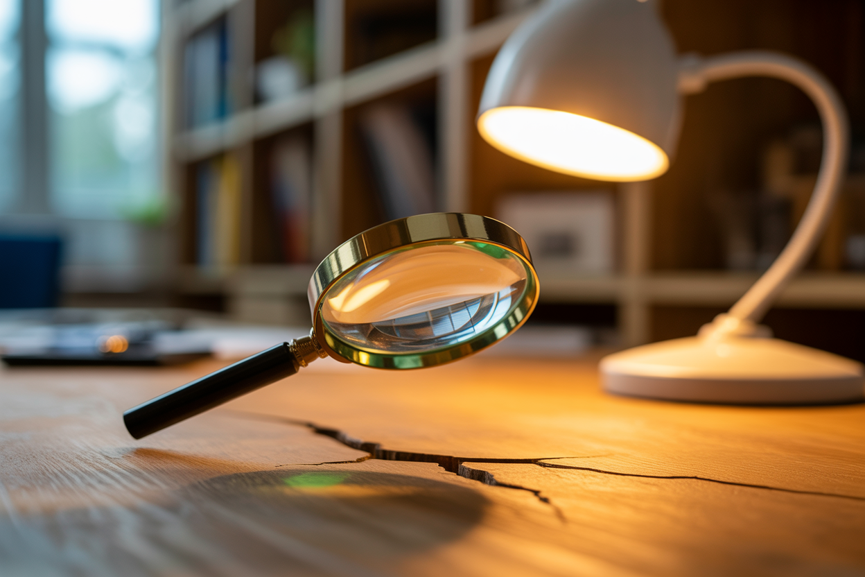 Create a realistic image of a close-up view of a magnifying glass hovering over a small crack in a wooden surface, symbolizing early problem detection, with a warm desk lamp illuminating the scene from the side, casting a focused beam of light on the crack, set against a blurred background of a tidy workspace, conveying a sense of alertness and proactive thinking, with a calm yet attentive mood. Absolutely NO text should be in the scene.
