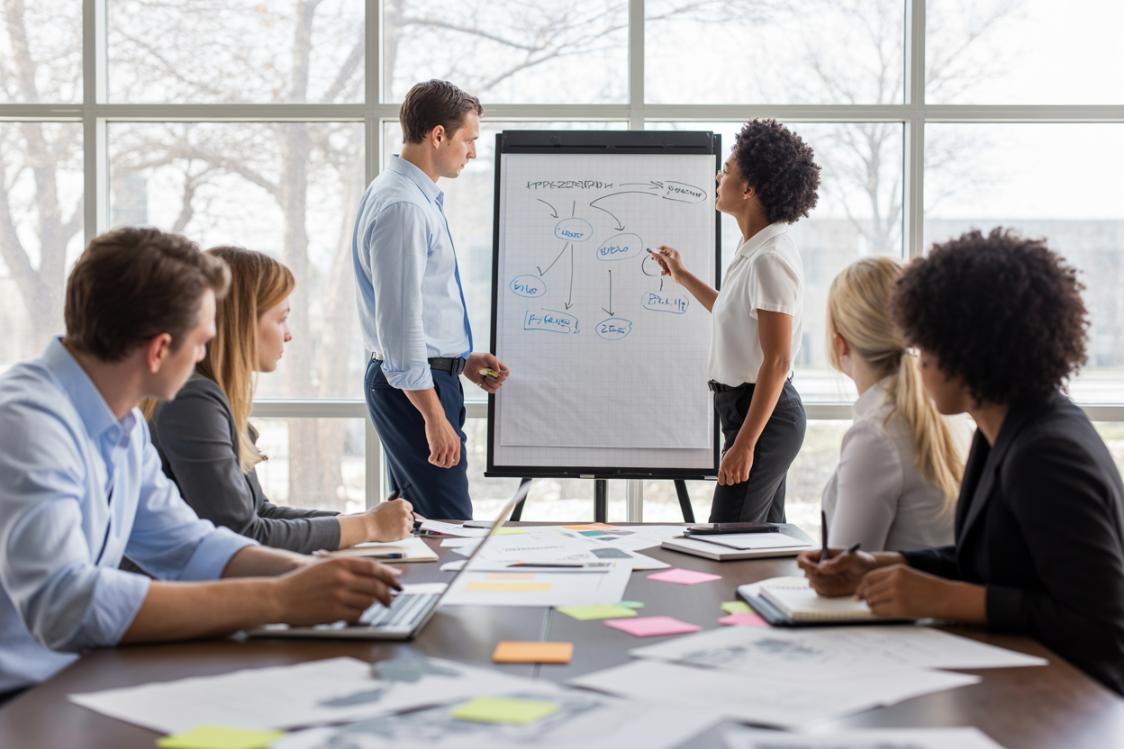 Create a realistic image of a diverse group of professionals gathered around a modern conference table, with a white male and a black female standing at a whiteboard covered in diagrams and arrows illustrating a problem breakdown, while other team members attentively observe and take notes, the room featuring large windows with natural daylight streaming in, creating a collaborative and focused atmosphere, with sticky notes and printed documents spread across the table, conveying a sense of structured problem-solving and team alignment. Absolutely NO text should be in the scene.