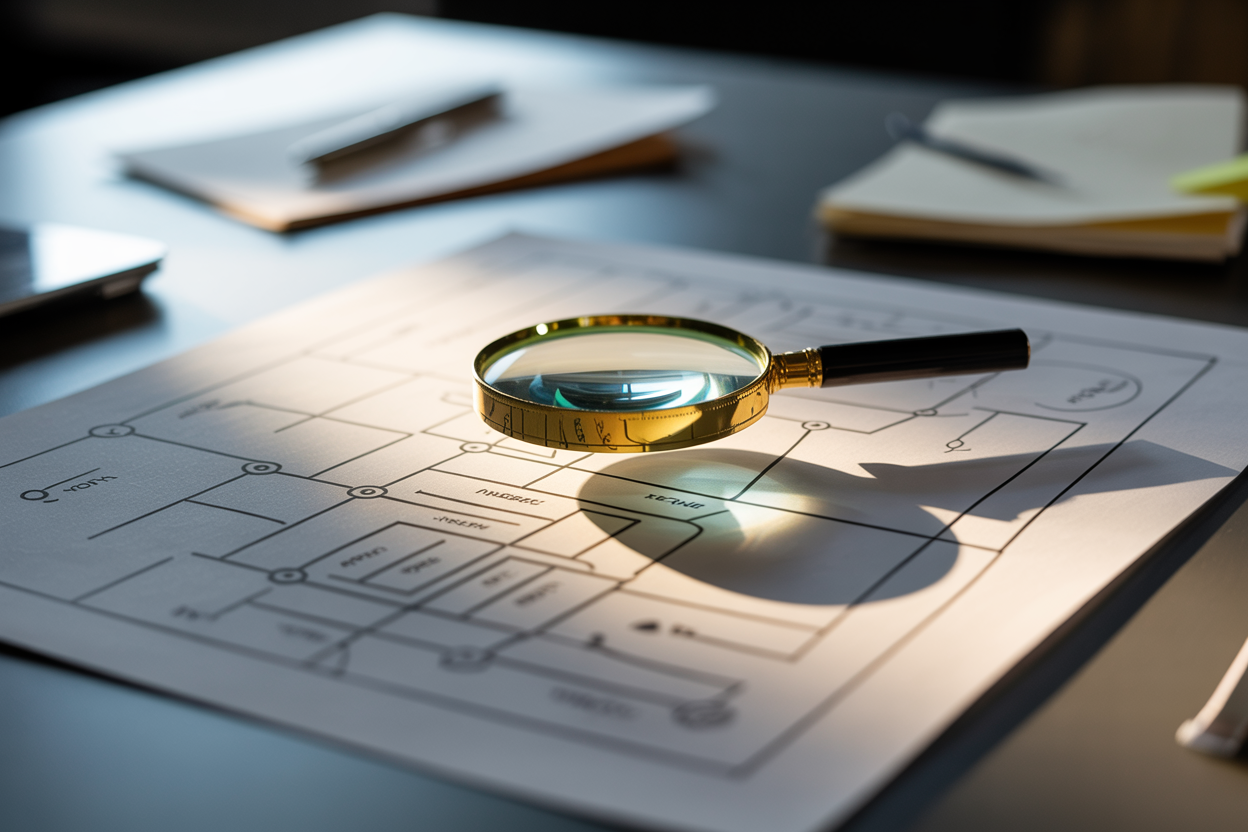 Create a realistic image of a magnifying glass hovering precisely over the center of a complex diagram or flowchart spread on a clean white desk, symbolizing deep investigation and root cause analysis, with soft focused office lighting illuminating the scene, a sharp and analytical mood, the magnifying glass casting a subtle shadow on the paper, and a few scattered notes and a pen nearby as complementary elements, conveying precision and methodical problem-solving. Absolutely NO text should be in the scene.