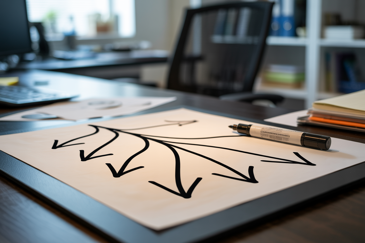 Create a realistic image of a whiteboard or large paper on a desk with a branching diagram showing a chain of five interconnected arrows pointing downward, symbolizing the "5 Whys" root cause analysis process, with a black marker resting beside it, set in a clean and organized office environment with soft, focused lighting illuminating the diagram, conveying a thoughtful and analytical mood. Absolutely NO text should be in the scene.