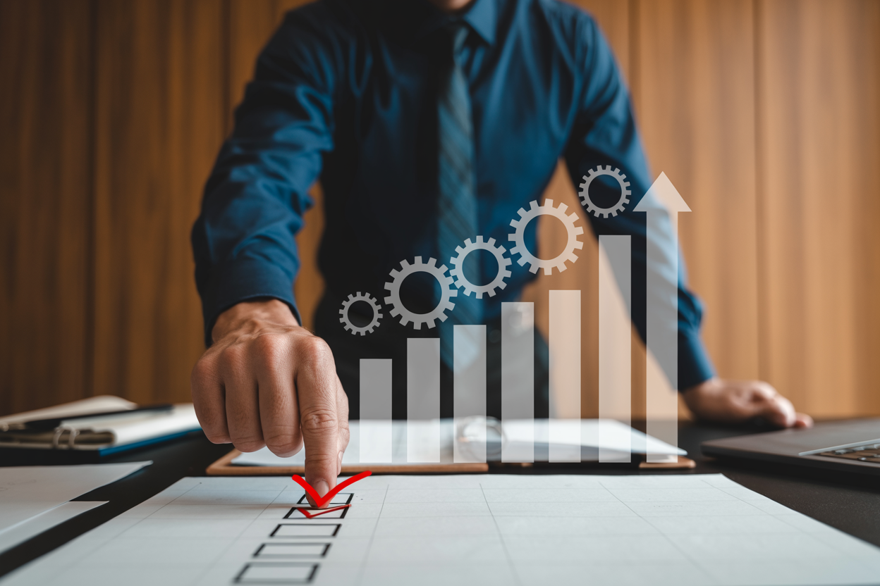 Create a realistic image of a confident white male professional standing at a clean, organized desk, pressing his finger on a final checkmark on a structured action plan laid out on paper, with a series of connected gears and upward-trending arrows subtly visible in the background representing sustainable progress, the scene lit with warm, focused lighting to convey determination and clarity, a calm yet motivated atmosphere with a sense of lasting resolution and forward momentum, Absolutely NO text should be in the scene.